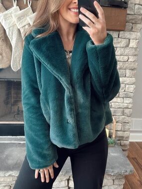 Rain + Rose Teal Faux Fur Jacket Medium NWOT